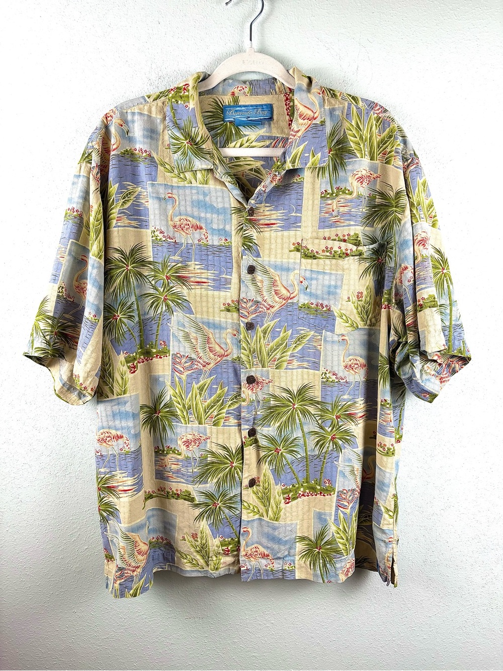 VTG Bermuda Bay 100% Silk Flamingo Hawaiian Shirt, Size XL